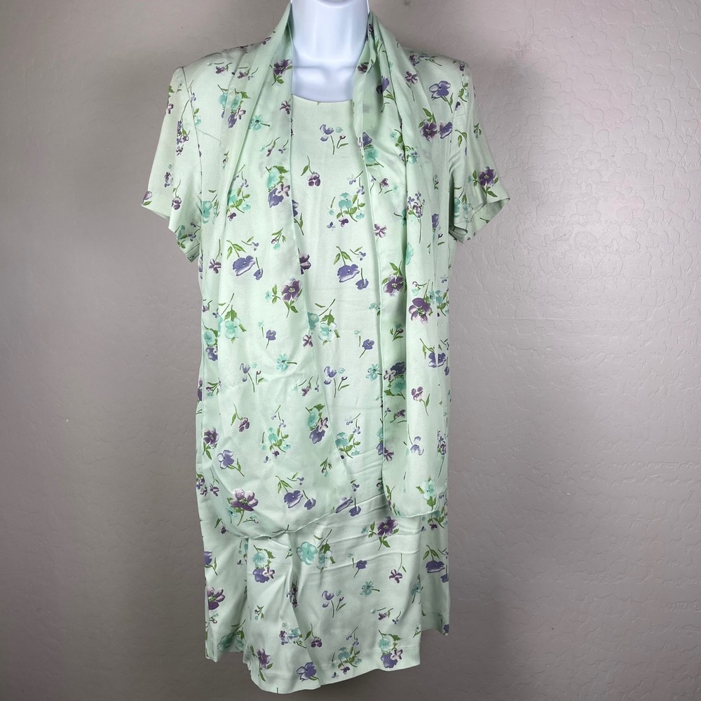 Betsy's Things Petite Floral Dress & Scarf Set Women Size 12 Pastel Green Purple